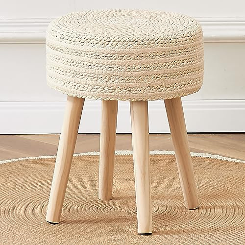 Cpintltr Round Ottoman Footstool Natural Seagrass Foot Stool Pouf Ottomans with Solid Wood Legs Hand Weave Hyacinth Footrest Step Stool for Living Room Balcony Garden Natural & Beige