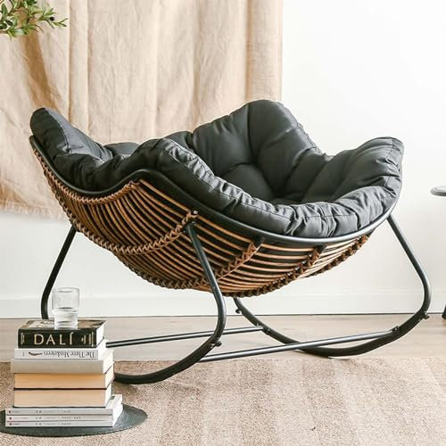 NRNQMTFZ Polster Relaxstuhl Schaukelsessel, Sessel Schwingsessel mit Gestell,schaukelstuhl Rattan Outdoor,Stillsessel, Relaxsessel für Veranda, Garten, Terrasse(Black)