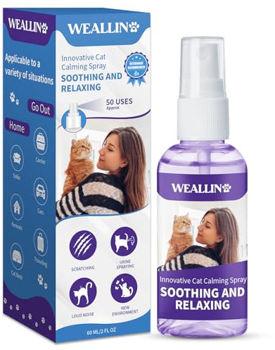 WEALLIN Cat Calming Spray - Calming Pheromone Relieve Anxiety & Stress and Other Problematic Behaviors Cat Facial Pheromone Calming and Relaxing Effect Suitable for Home Travelling Outdoor 60ml