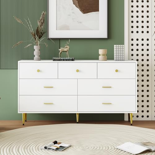 Merax Commode blanche avec 7 tiroirs, moderne, 140 cm, multifonctionnelle, espace de rangement, pieds en métal, poignée dorée, chambre à coucher, salon, couloir