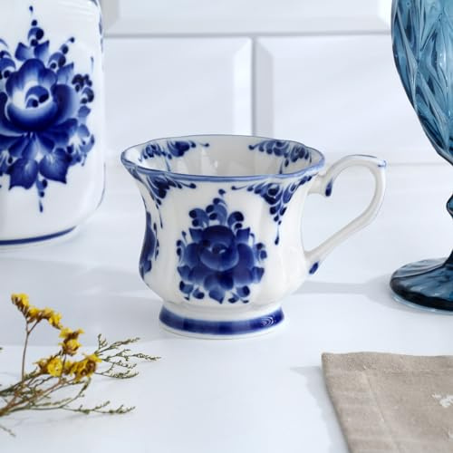 AEVVV Gzhel - Juego de tazas de té de porcelana pintada a mano, diseño floral azul y blanco, juego de 2-3.3 pulgadas de altura
