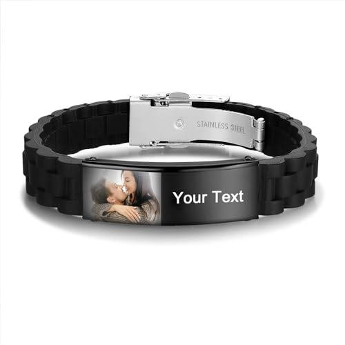jewelora Personalisiertes Herrenarmband mit Gravur Fotoarmband mit Namen für Männer Silikonarmband für Papa Vatertagsgeschenke
