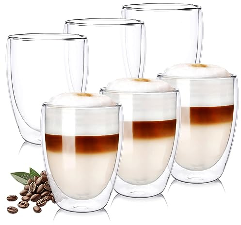 Wessper 6x CrystalLatte 350ml Verres Thermiques à Double Paroi - Verres à café sans poignée en Verre Borosilicate, Verres à thé sans