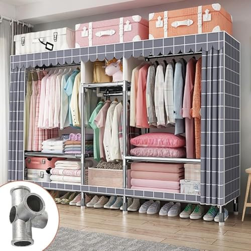 Tragbarer Stoff-Kleiderschrank mit Stangen und Regalen, Metall-Kleiderbügel, Aufbewahrungs-Organizer für Schlafzimmerkleidung, 208 x 46 x 175 cm, tragbarer Kleiderschrank (hellgrau)