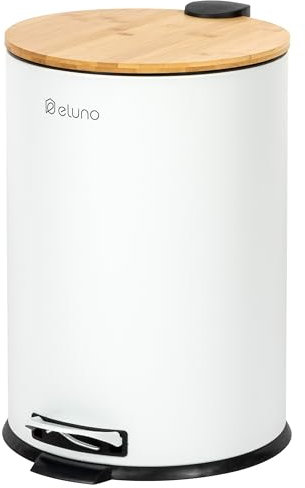 eluno Abfalleimer, Treteimer, Küchenmülleimer, 20 Liter Fassungsvermögen, mit Soft-Close Bambusdeckel, für Bad, Küche, mit herausnehmbaren Kunststoffinneneimer, aus Bambus und weißem Metall