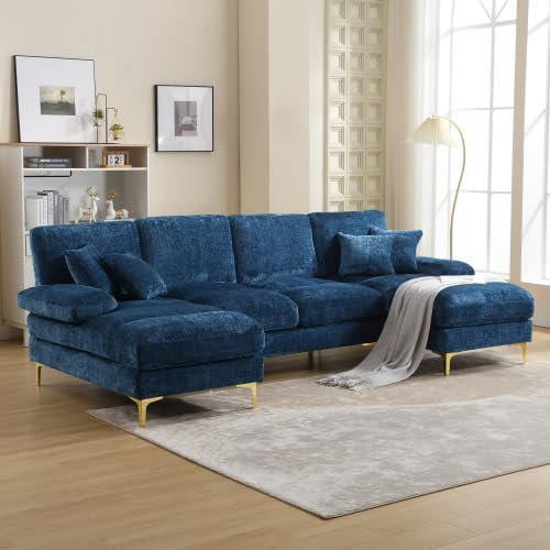 Sofá modular moderno en forma de U de chenilla grande con asientos dobles reclinables para sala de estar, dormitorio, oficina o apartamento (azul)