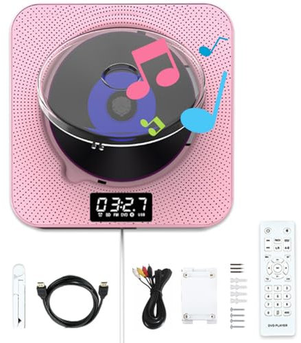 Wall Mountable CD Player, 10W Versatile Music System for DVD VCD CD HD-CD MP3 with Pull Switch and Remote Control, Dual Speaker Stereo, Bluetooth Record Player for Sports, Study, Work, Loop Play pink