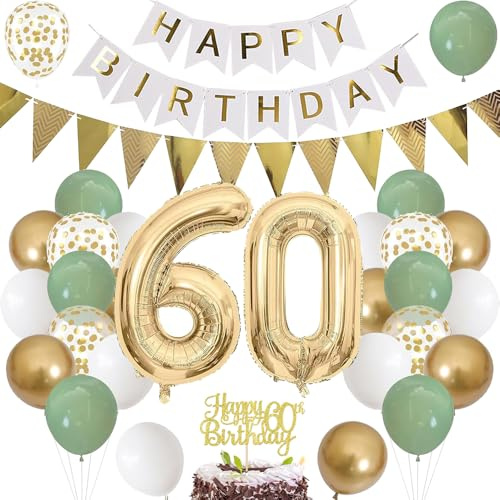 Luftballon 60. Geburtstag Salbeigrüne Folienballon Luftballon Zahlen 60. Geburtstagsdeko Männer Frau 60 Jahr Riesen Folienballon Zahl 60 Ballon 60 Deko zum Geburtstag Dekoration Grün Weiß Gold