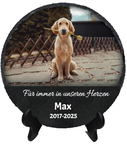 Givelle Personalisierter Gedenkstein für Haustiere, Schieferplakette mit Fotohalter und Ständer, Rund, 10/15/20 cm