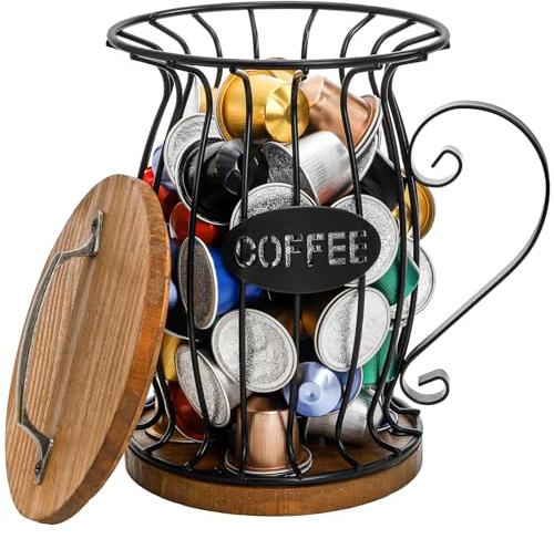 WRINGKIT Rustic Coffee Pod Holder with Lid, K Cup Pods Holder for Counter, Large Capacity Black Wire Coffee Pod Filter Storage Basket for Espresso Capsule, Wooden Base
