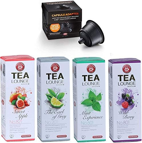 Teekanne Tealounge Tee-Kapsel Set: 32 aromatische Tee-Kapseln (4x 8 Stück) | Mint Experience, Sweet Apple, The Earl of Grey & Wild Berry + 1x Kapsel-Adapter für Dolce Gusto Maschinen