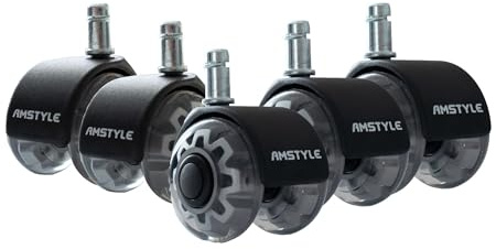 AMSTYLE 5er Set leichtgängige Universal-Schwerlastrollen für Bürostuhl 11 mm Stift/Durchmesser 50 mm, Leise Premium Hartbodenrollen Bürostuhlrollen, Drehstuhlrollen Silber, Doppellaufrollen