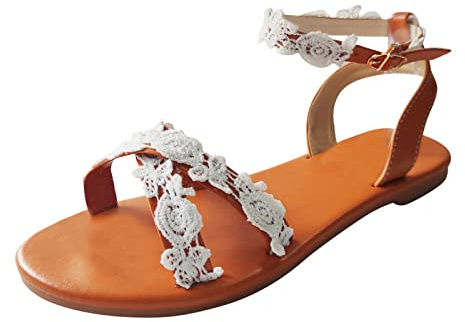 Générique Sandales Plates D'été Femme Dentelle Bohème Vacances Fleurs Nu Pieds Légères Sandales Femme Confortable Antidérapantes Respirantes Sandale Chaussures de Plag Chic et Confortable