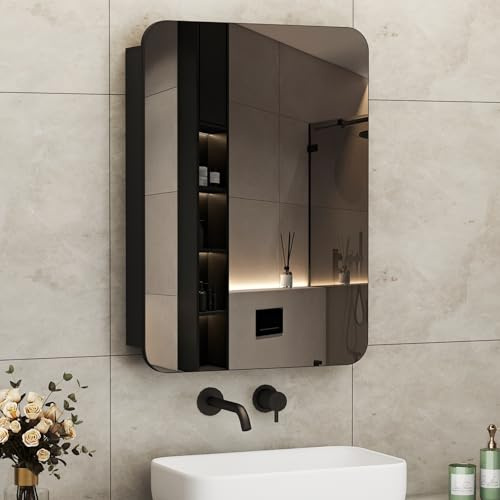 Boromal Spiegelschrank Bad Schwarz Spiegelschrank mit Innenspiegel Metall Badezimmerschrank mit Spiegel und Verstellbare Glasablage (40 x 60 x 12,5 cm)