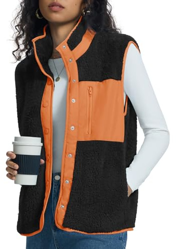 Kistore Body Warmers for Women Cozy Gilets Stand Collar Sleeveless Waistcoat Vests Soft Plush Gilet with Pockets Black Orange M