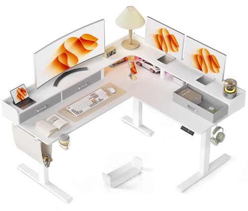 WALKINGDESK L-förmig Höhenverstellbarer Schreibtisch Elektrisch, 160 x 140 cm Eckschreibtisch Höhenverstellbar mit 3 Schubladen, Steh-Sitz Computertisch für Office Büro Gamer, Weiß