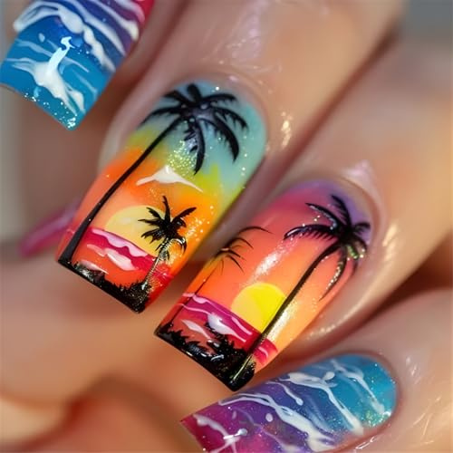 Uñas postizas cuadradas con diseño de árbol de palma de Sunset Beach Palm Tree Prensa acrílica en uñas para fechas de trabajo fiestas y vacaciones, puesta de sol, prensa de playa en uñas