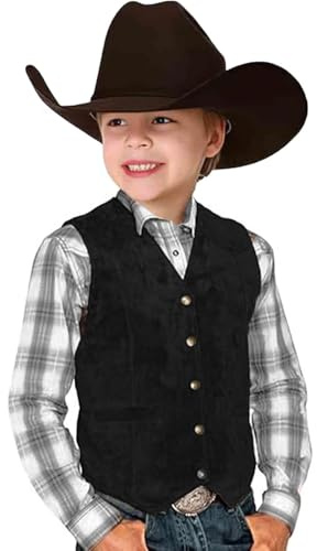 Bastwahl reitweste Kinder Jungen 110, Trachtenweste Cowboy Weste Kostüm Retro Jungen V Ausschnitt - Western ärmellos Vintage Kinder-Westen Bequeme Reitweste Hochzeit Party OktoberfestSchwarz 130