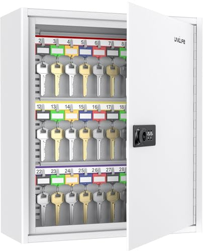 Uniclife 60 Keys Key Lock Box with Code, Wall Mount Key Box, Key Cabinet with Key Racks and Tags, Keys Lockbox for Home Office & Company, White