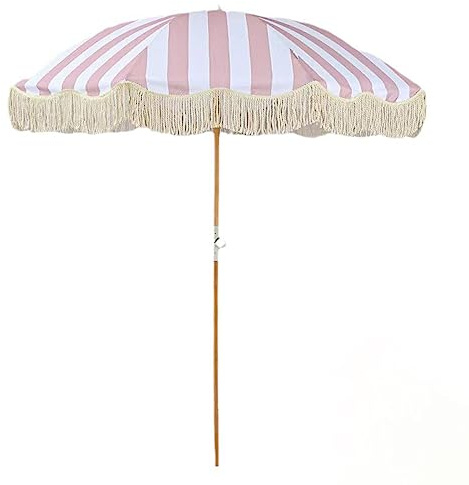 Sombrilla de playa de lujo con rayas rosas y blancas, con flecos, estilo retro de 2 m para exteriores, 8 varillas de fibra de vidrio, ajustable en múltiples ángulos para piscina, jardín y terraza.
