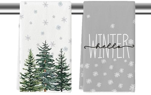 2Pcs Christmas Tea Towels for Kitchen Towel,40 x 60CM Christmas Decorations Hand Towels Hello Winter Snowflakes Green Tree Tea Towel Seasonal Xmas Tea Towels for Bar Restaurent Kitchen Accessories