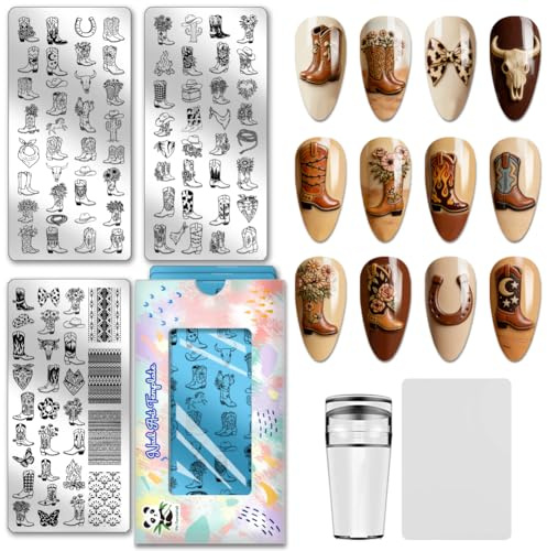 PH PandaHall 3pcs Stamping Piastre per Unghie Stivali da Cowboy Stencil per Nail Art Western Stencil per Manicure Cavallo Cactus Ferro di Cavallo Cappello Piatti Immagini per Unghie per Manicure