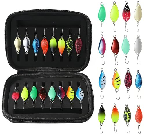 Spoons - Set di 16 trote Spoon in metallo con scatola portaoggetti, freccia per pesca in 2,5 g, 3,5 g, 5 g, esca per pesce persico, luccioperca