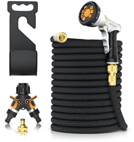 Brandson – Gartenschlauch flexibel mit Spritze – 3/4 Zoll Wasserschlauch mit Handbrause – 9 Strahleinstellungen – Wasserverteiler – Wandaufhängung – für Garten Pflanzen Rasen Beete