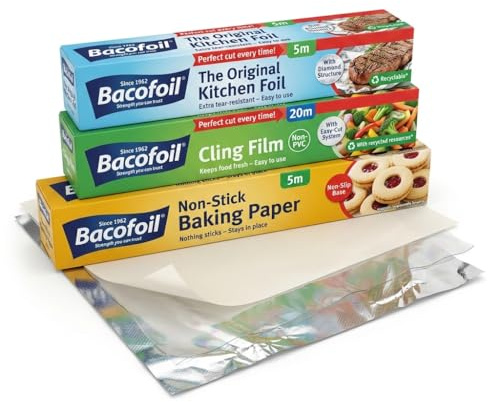 Bacofoil Kitchen Set for Air Fryer, Baking and Freezing - Cling Film 20m, Baking Paper 5m, Kitchen Foil 5m (3 Rolls) - Easy-Cut Bundle