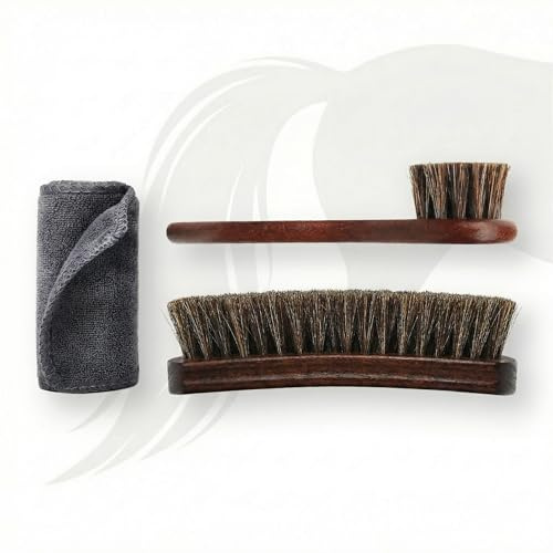 Horse Hair Brush for Leather Shoe Polish Kit Horsehair Shoe Brush Set Leather Care Kit for Boots Shoes Brogues Oxfords Chelsea Boots Professional 3 Piece Beechwood Brush Kit Shoe Shine Kit for Men