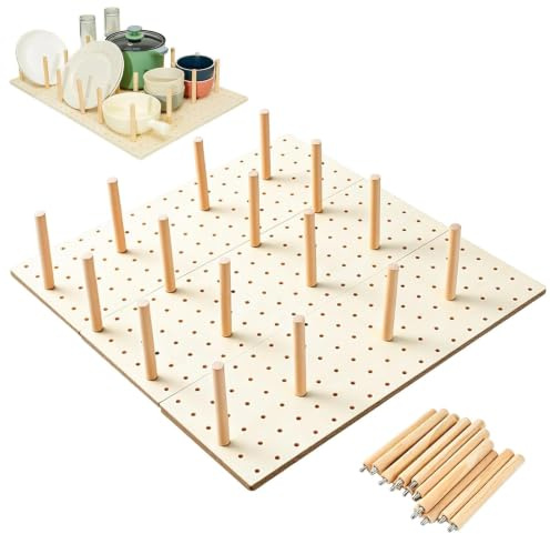SHENGYIG 3er Massivholz Teller Organizer, Abnehmbare Haken für Schubladen | Küche Lochplatte Holz Geeignet für Schüsseln, Teller und Töpfe
