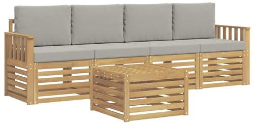 vidaXL Outdoor-Sofagarnitur 5 pcs Weiß und Hellgrau Polyester, Garten Lounge-Sofa, strapazierfähige Außensitzgruppe, modernes Terrassenmöbel, bequemer Wohnbereich