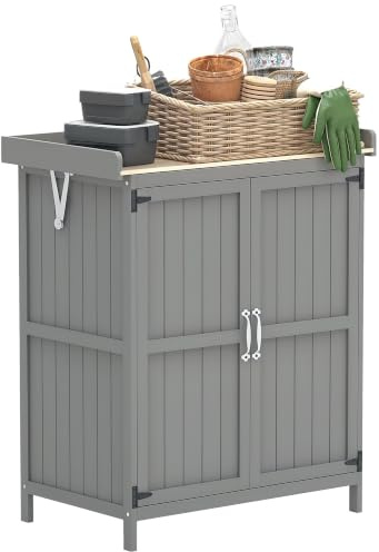 Outsunny Armoire de Jardin en Bois Abri de Jardin 2 Portes Étagère Gris | Toit à Charnières, Dessus en Acier Inoxydable, Table de Rempotage, Table de Jardinage pour Terrasse, 74x43x88cm