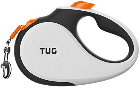 TUG 360° Tangle-Free Retractable Dog Lead for Up to 15 kg Dogs | 5 m Strong Nylon Tape | One-Handed Brake, Pause, Lock (Small, White/Orange)