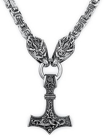 HAQUIL Viking Necklace for Men, Silver Plated Stainless Steel Mjolnir Pendant, Wolf Head King Chain, Viking Jewelry Gift for Men