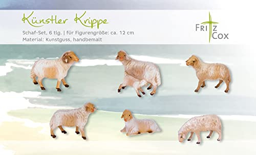 Fritz Cox Künstler Krippe 5 teilig | Schafset + Schäferhund | handbemalt | passend für ca. 10-12 cm Figuren | vom Designer Karl Van Meegen