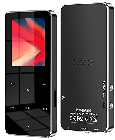 RIJAHO MP3 Player with Bluetooth 5.0, Touch Buttons with 1.8-inch Screen, Digital Music Player Speaker with FM Radio Recorder HiFi, Alarm Clock Pedometer Wired Headphones (32GB, BLACK)