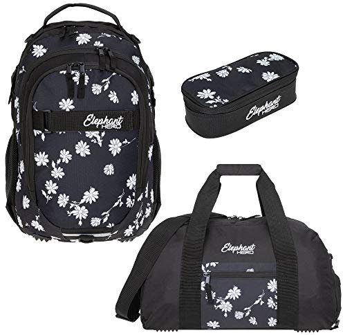 Elephant 3 Teile Set Schulrucksack Hero Signature Rucksack + Sporttasche + Mäppchen 12609 (Black Flower (Schwarz/Blume))