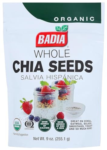 Badia Organic Whole Chia Seeds, 9 oz – Rich in Fiber, Protein, and Omega-3 – Perfect for Smoothies, Baking, Yogurt & Healthy Recipes