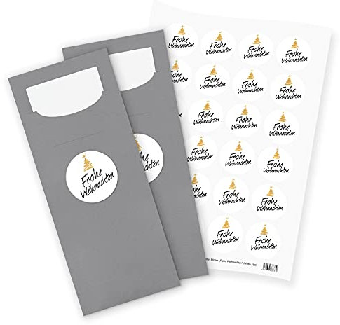 itenga 24x Bestecktaschen GRAU Frohe Weihnachten Pochetten inkl. Serviette und Sticker Aufkleber Tischdeko Einweggeschirr