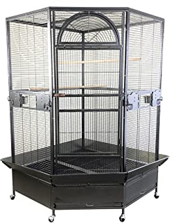 Pet's Solution - Gabbia per Pappagalli ad Angolo, Voliera Robusta e Angolare Adatta per Uccelli di Grandi Dimensioni, con Posatoi, Ciotole, Vassoi Estraibili e Ruote, Nera - 128 x 128 x 186 cm
