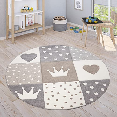 Paco Home Teppich Kinderzimmer Junge Mädchen Kinderteppich Spielteppich Kurzflor 3D Optik Pastell Punkte Herzen Krone, Grösse:120 cm Rund