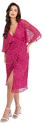 Womens Midi Dress Ladies Sequin Embellished Cape Sleeve Wrap Dress for Wedding Guest Bridesmaid Cocktail Prom Evening