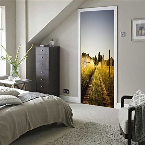 stickers paroi de douche 40x120cm(15.74 inches * 47.24 inches)Prairie sentier Papier Peint Porte 3D photo mural Art wallpaper colle Stickers de Porte Trompe l'oeil 3D Pour Salon Chambre Salle De Bain