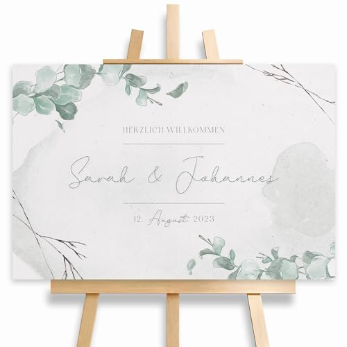 HEI Print Willkommensschild Hochzeit Eukalyptus mit Datum und Namen, personalisierte Hochzeitsdekoration, Aquarell Willkommen Schild, Grün, 60x40 (Poster)