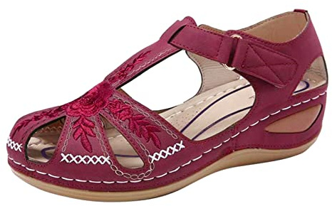 Sandalias ortopédicas, huecas cerradas transpirables baratos zapatos de mujer combinación de cuero sandalias con cierre de y bordados ligeros, cómodas zapatillas de ocio, rojo, 38