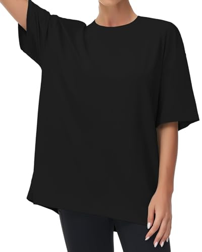 THE GYM PEOPLE Damen Oversize Baumwolle T-Shirt Kurzarm Basic Sport Shirts | Abfallende Schulter, Übergroße, Rundhalsausschnitt, Einfarbig, Leicht, Atmungsaktiv, Weich, Sommer Tops Fashion Gym Freizeit