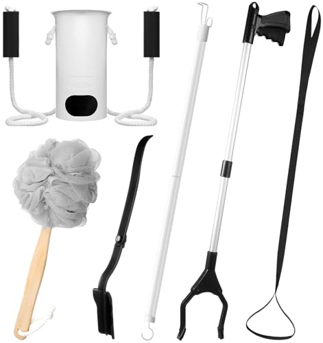 Mumufy 6 Pcs Hip Kit, Hip Replacement Kit After Surgery for Seniors Total Prime Foldable Reacher Grabber, Adjustable Sock Aid, Dressing Stick, Long Handled Bath Sponge, Leg Lifter, Shoe Horn