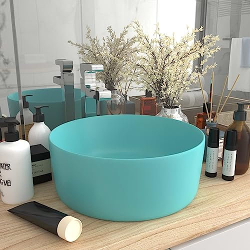 HIGSOSE Lavandino Lusso Rotondo Verde Chiaro Opaco 40x15 cm Lavabo da Appoggio Lavandino da Appoggio Lavabo Appoggio Lavatoio Ceramica Lavatoio da Esterno Arredo Bagno Lavabo da Esterno in Ceramica