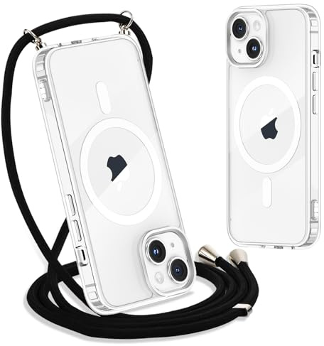 Yoedge Handyband für iPhone 15 Hülle mit Band 6,1, Transparente Magnetisch Handyhülle [Kompatibel mit Magsafe], Schlank Dünn Silikon TPU Stoßfest Schutzhülle mit Kordel zum Umhängen, Schwarz